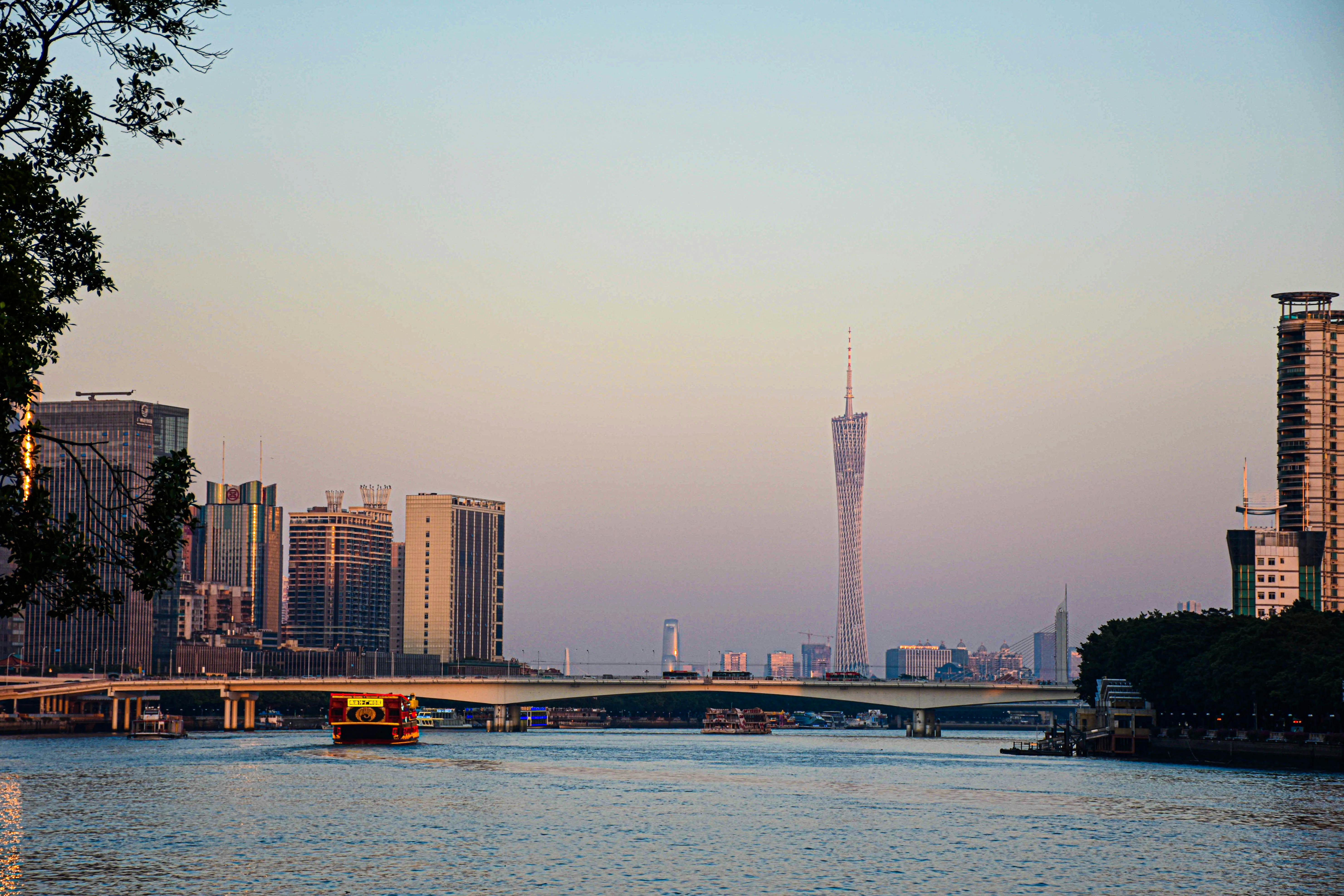 Guangzhou skyline with Canton Tower and the Pearl River at dusk