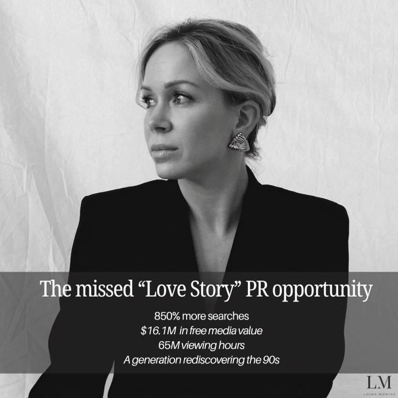 Editorial-Bild einer Carolyn-Bessette-inspirierten Komposition mit Textüberlagerung "The missed 'Love Story' PR opportunity"