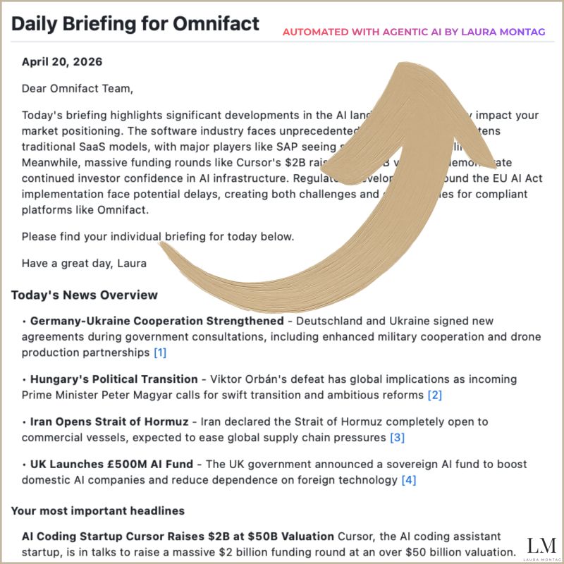 An AI-automated "Daily Briefing" newsletter — exactly the kind of automated content that will require watermarking from November 2026