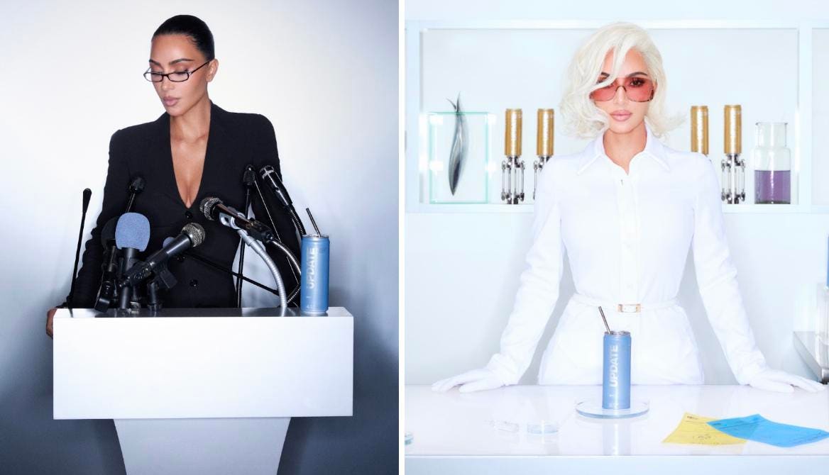 Kim Kardashian in der Kampagne für UPDATE — am Rednerpult und im Labor-Set