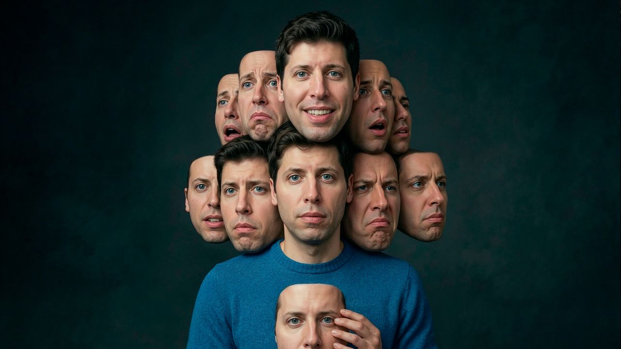 Editorial portrait of Sam Altman surrounded by cutout face masks — illustration from the New Yorker article